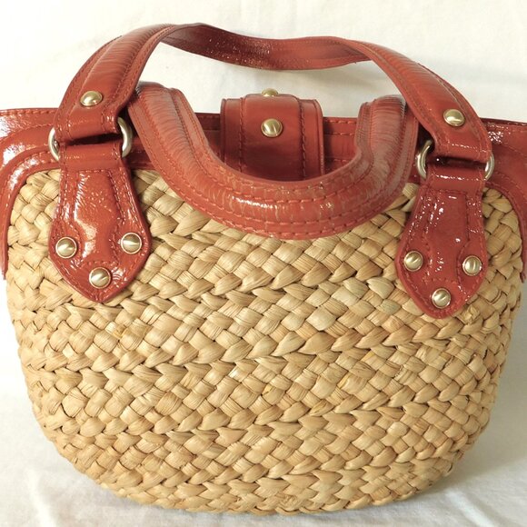 Medium Michael Kors Orange Patent Leather & Straw Tote Handbag Purse - Picture 5 of 13